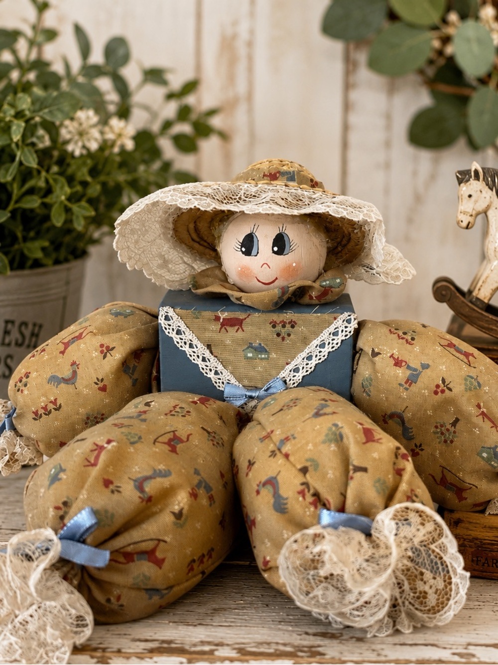 Vintage Handmade Primitive Rag Doll Shelf Sitter Rustic Farmhouse Country Decor
